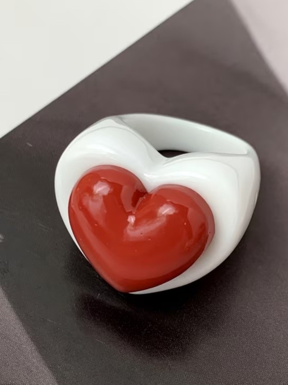 White Resin Ring with Red Heart Accent